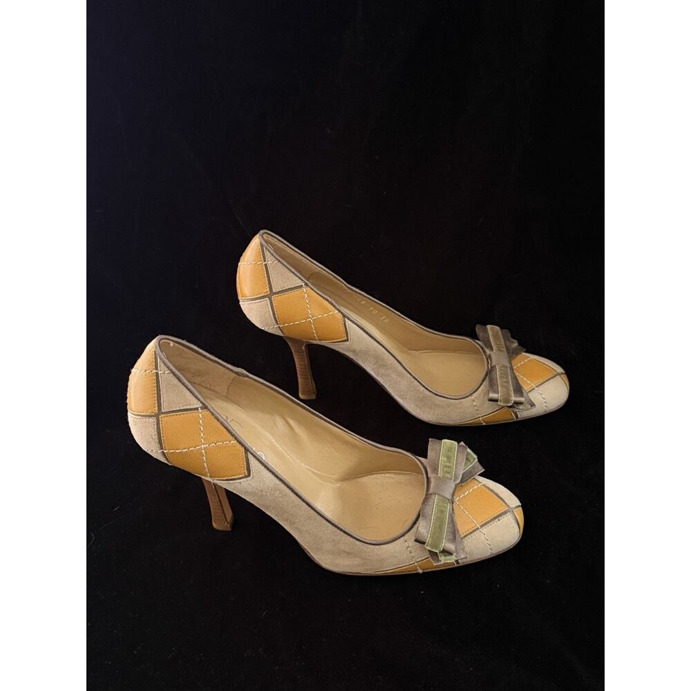 Valentino Garivani Vintage Y2K Argyle Patchwork Suede Heels w/ Velvet Bows Sz 38 - Picture 3 of 7